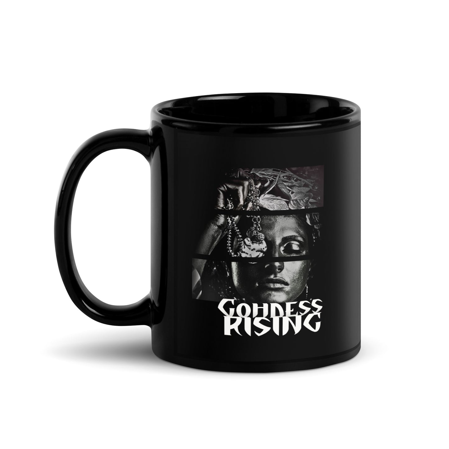 Gohdess Rising Black Glossy Mug